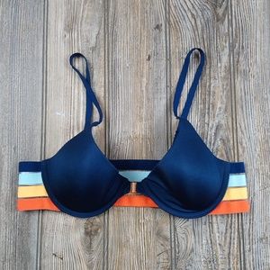Blue Silky Stretchy Striped Underwire Front Clasp Bra